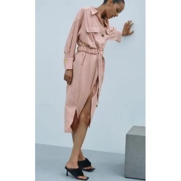 Zara Oversized Mauve Pink Shirt Long Sleeve Dress with Belt Size Large - Picture 1 of 7